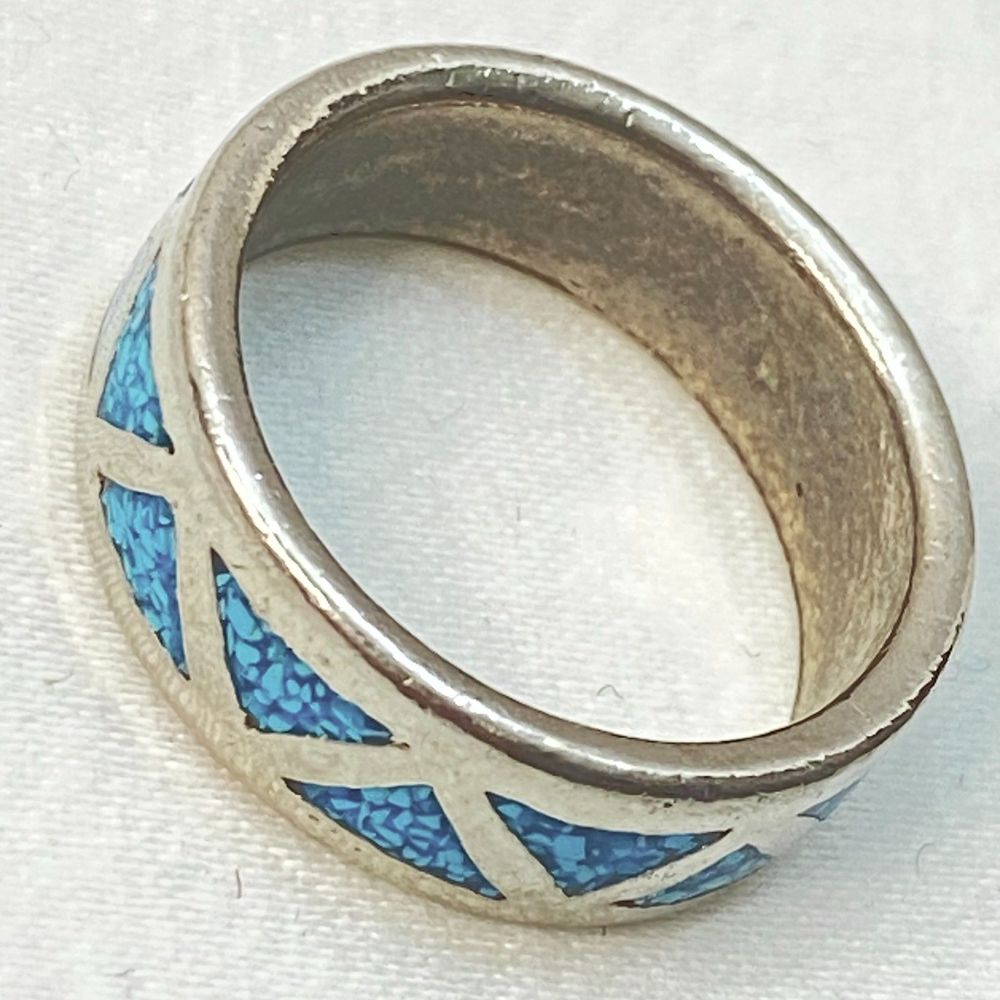 💎Southwestern Style Band Ring Triangular Turquoise Stones Inlay SilverTone Metal
